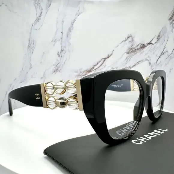 New CHANEL Eyeglasses Black Gold Cat Eye Clear Rotating Pearls 52mm - Picture 4 of 15